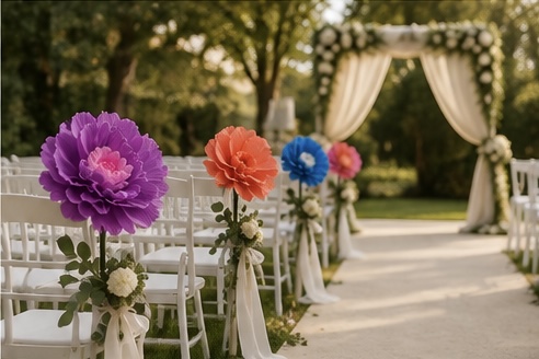 Trauungs-Gang mit XXL Papierblumen Ständern bei Hochzeit im Freien