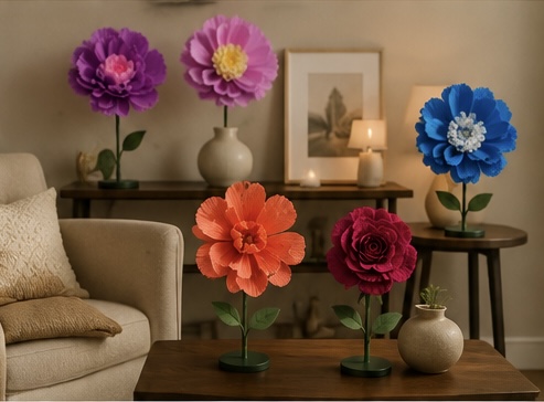 Papierblumen auf Beistelltischen im Wohn- und Loungebereich