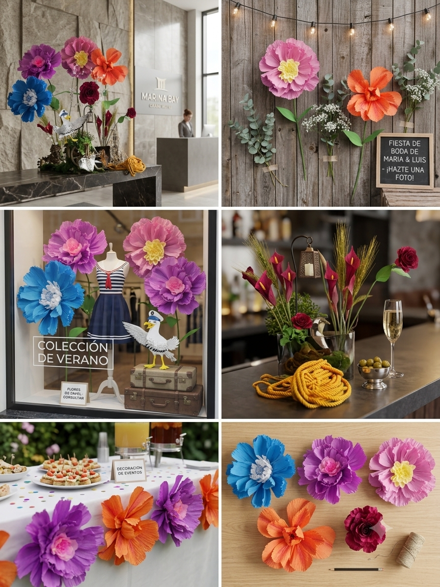 Collage verschiedener Einsatzbereiche von Papierblumen bei Events und Feiern