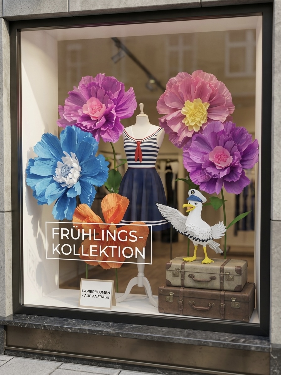 Schaufensterdekoration mit handgefertigten Riesen-Papierblumen für Frühlingskollektion in Hamburg