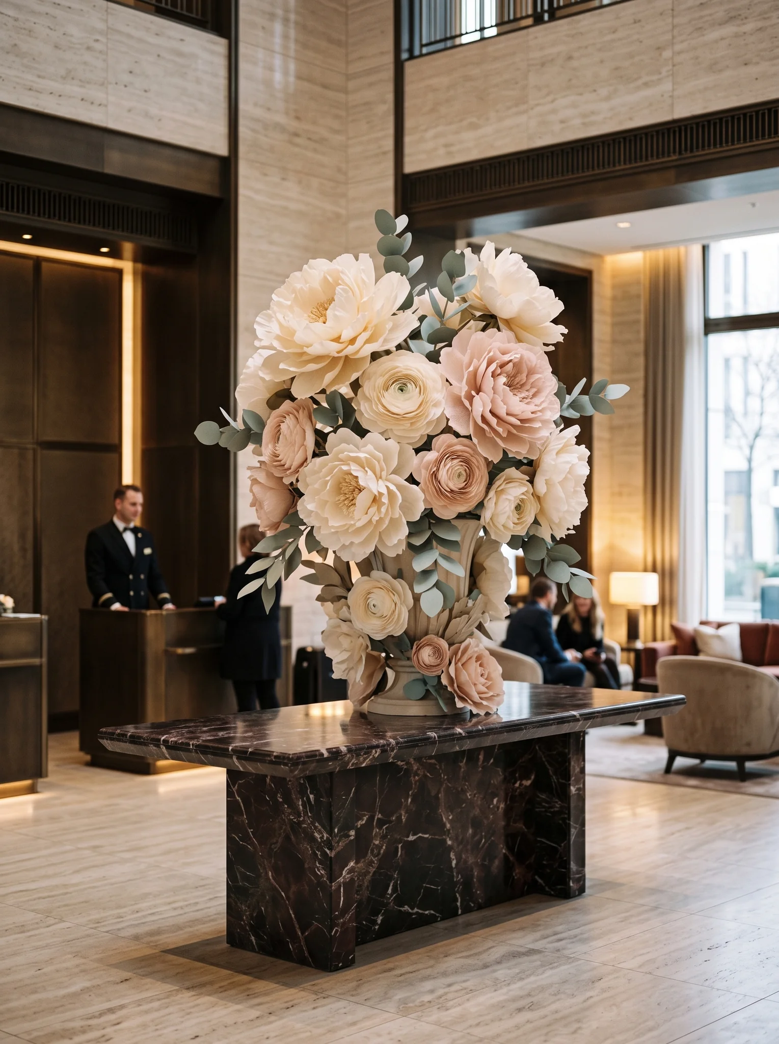 Dauerhafte florale Kunstinstallation aus Papierblumen auf Marmorkonsole für Fünf-Sterne-Hotellobbys und Kanzleien