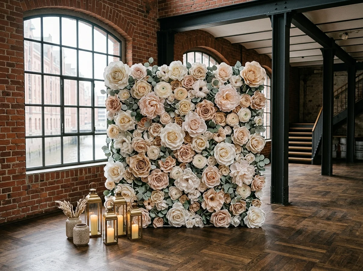 Handgefertigte 3D-Blumenwand im Speicherstadt-Loft Hamburg für Hochzeiten und Feiern