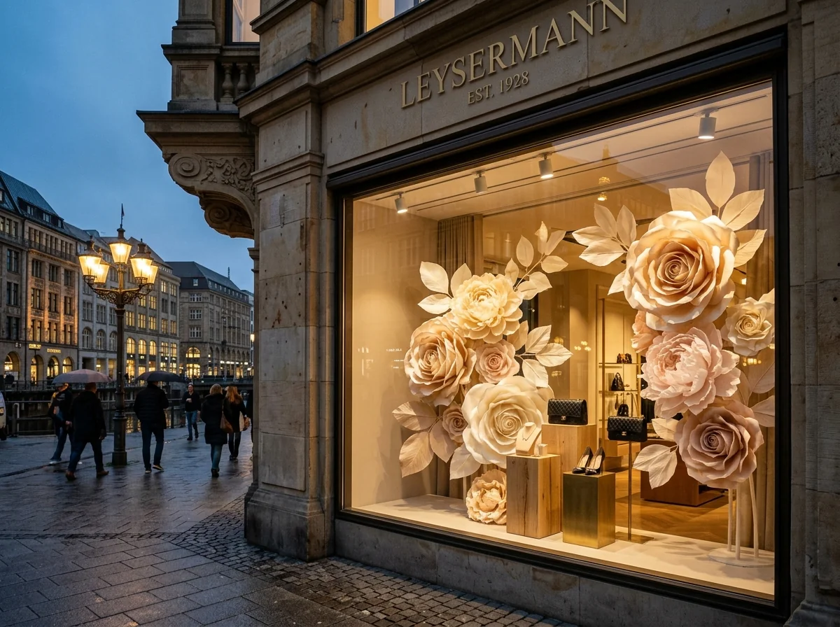 Exklusive Schaufensterdekoration am Neuen Wall Hamburg mit künstlerischen Papierblumen in der Abenddämmerung