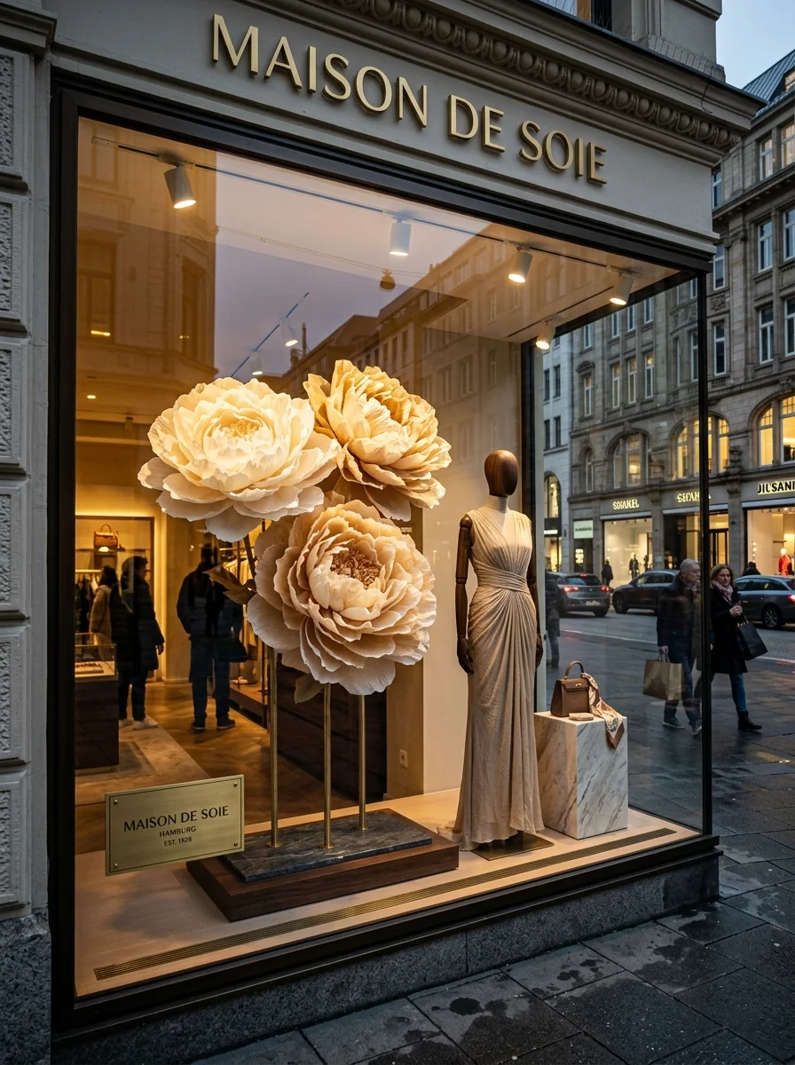 Maison de Soie Schaufensterdekoration mit floraler Papierkunst in Hamburg