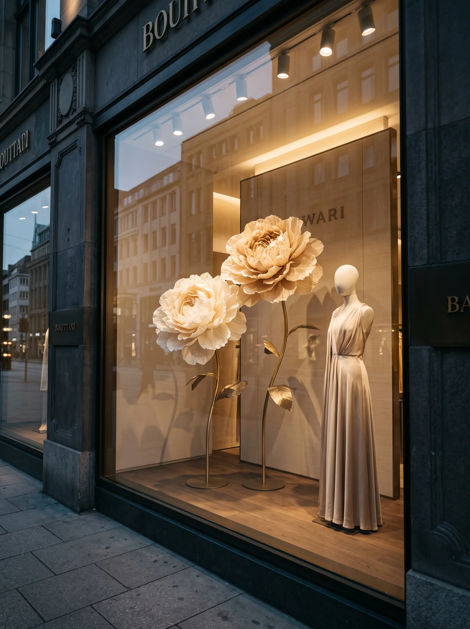 Elegante Schaufensterdekoration mit Riesen-Papierblumen in Champagner und Messingstielen für Luxus-Boutiquen in Hamburg