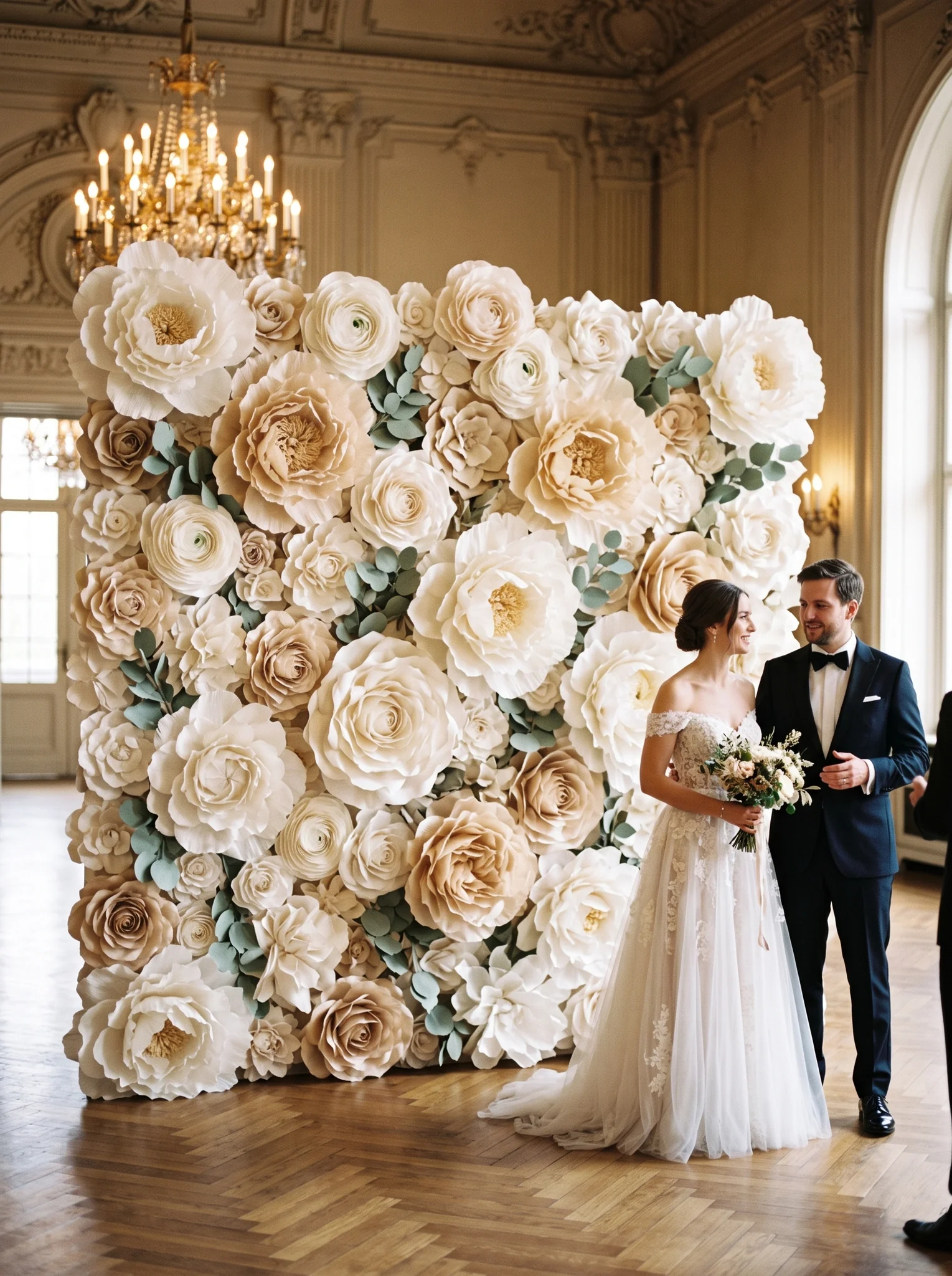 Brautpaar vor monumentaler 3D-Blumenwand im Schloss-Festsaal in Hamburg