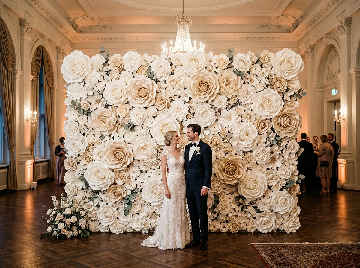 Exklusive XXL-Blumenwand aus cremefarbenen Papierblumen als elegante Fotowand für Hochzeiten und Feiern in Hamburg