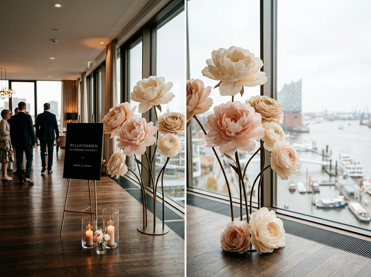 Freistehende XXL-Papierblumen im Elb-Panorama Penthouse mit Blick auf die Elbphilharmonie für exklusive Galas und Hotels in Hamburg